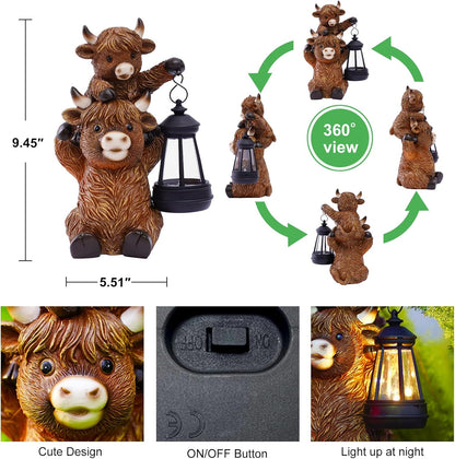 Solar Highland Cow Garden Decor - Resin Cow Statue with Solar Lantern Outdoor Yard Patio Decor - Ideal Gifts for Women,Mom Men (Copper)