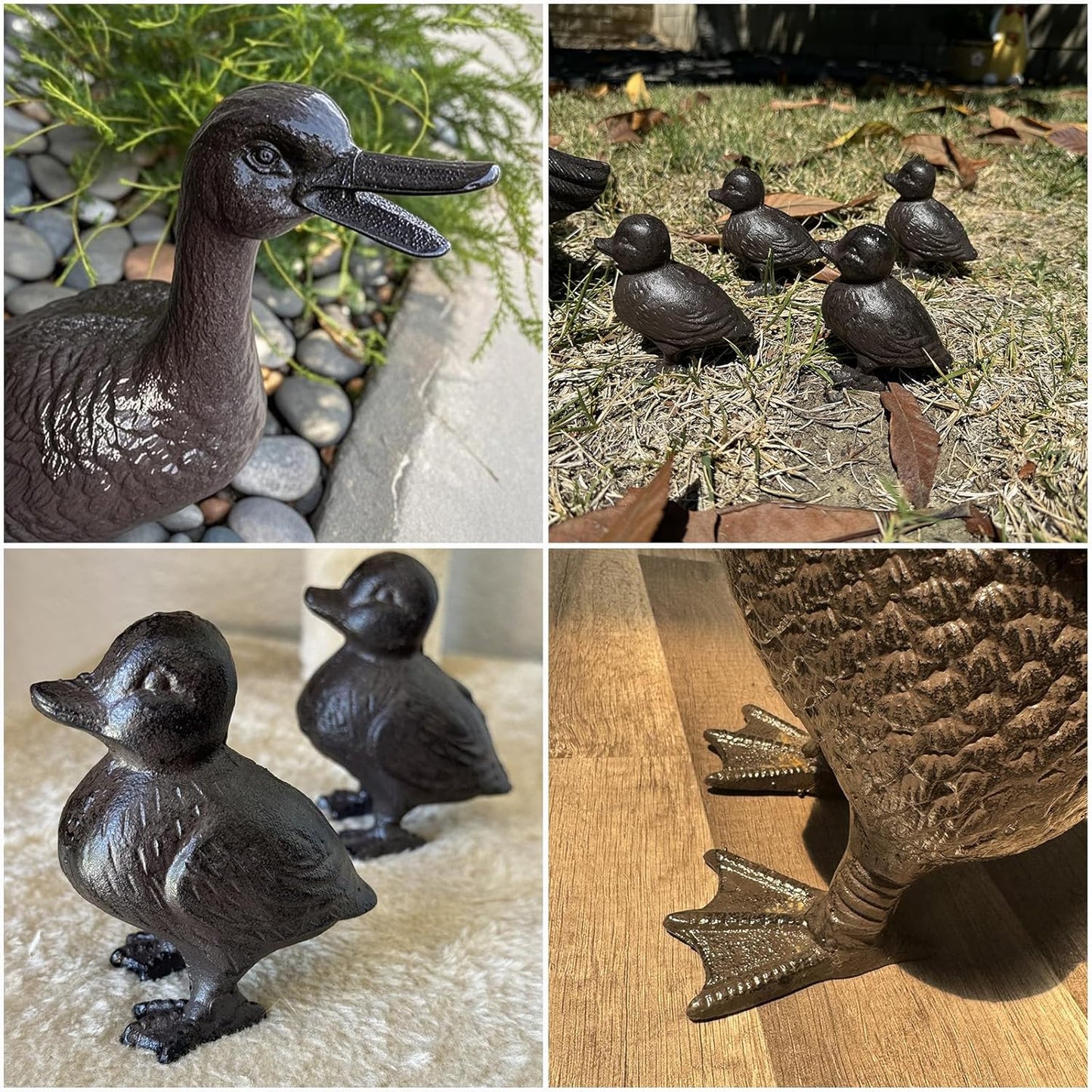 Vintage Cast Iron Duck Family Garden Statue, Rust Brown Mother Duck（15.7" Tall） with 4 Ducklings（3.6" Tall）, Outdoor Decorative Sculpture Set for Yard Patio HC5387-6905