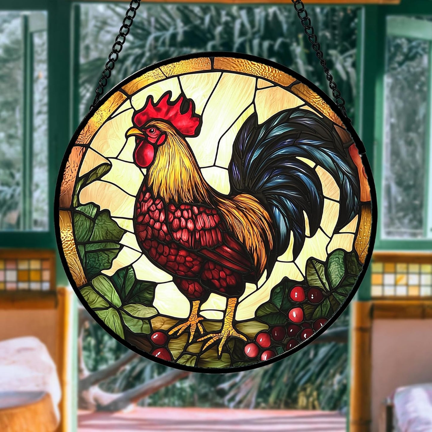 Stained Glass Window Hanging, Colorful Big Cock Sun Catcher for Window Door Home Decor, Chicken Suncatcher Christmas Mother's Day Birthday Gifts for Women Men Mom and Nana 7.8 in