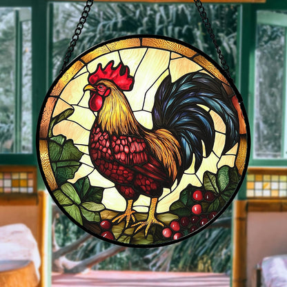 Stained Glass Window Hanging, Colorful Big Cock Sun Catcher for Window Door Home Decor, Chicken Suncatcher Christmas Mother's Day Birthday Gifts for Women Men Mom and Nana 6.3 in