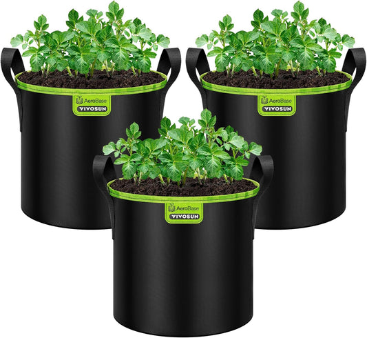 VIVOSUN 3-Pack 3-Gallon AeroBase Grow Bags, Durable Mesh Fabric Plant Container with Breathable Base and Sturdy Handles, Black