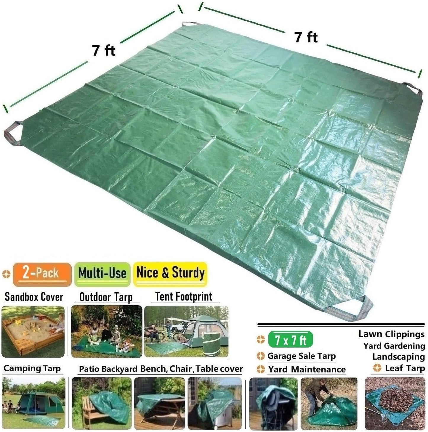 2-Pack 7x7ft Yard Garden Leaf Tarp 4 Handles Waterproof Tarps for Sandbox Cover,Lawn Debris,Yard Waste Tarp,Landscape Pruning,Leaf Hauler,Outdoor Camping Tarps,Tent Footprint,Patio Table,FirePit Cover