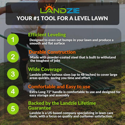 LANDZIE - The Original Lawn Leveling Rake – 36" Steel Handle Yard Leveler, Lawn Level Tool for Creating a Flat Surface - Works for Soil, Dirt, Topdressing, and Ground