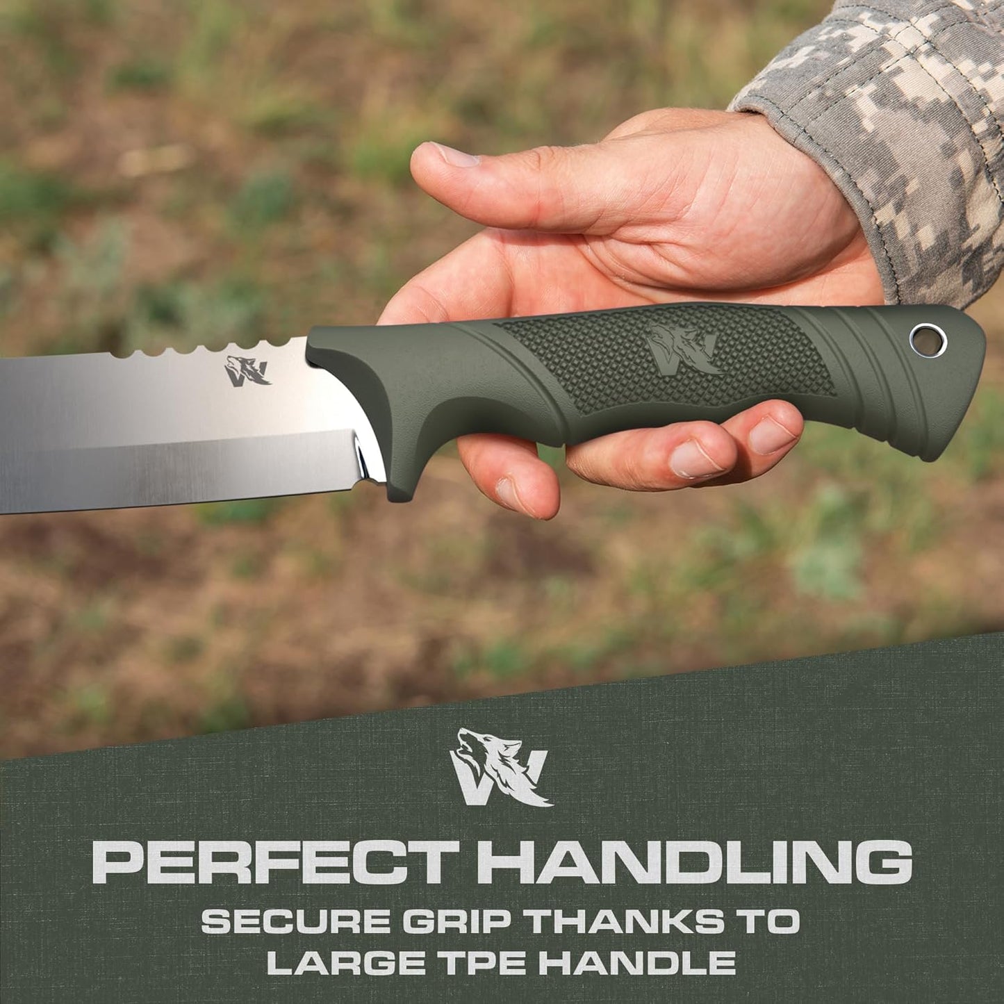 ODENWOLF W Machete - Survival Machete Full Tang with Sheath - Strong D2 Steel Knife Machete for Cutting Trees, for Yard Work, and for Bushcrafting and Big Tactical Knife with TPE-Handle