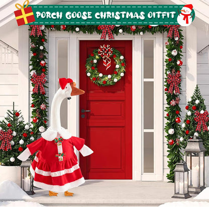 Christmas Mrs. Claus Porch Goose Outfit Dresses Clothes for 23" High Cement or Plastic Porch Goose Costume for Outdoor Patio Garden Statue Xmas Santa Holiday Decor