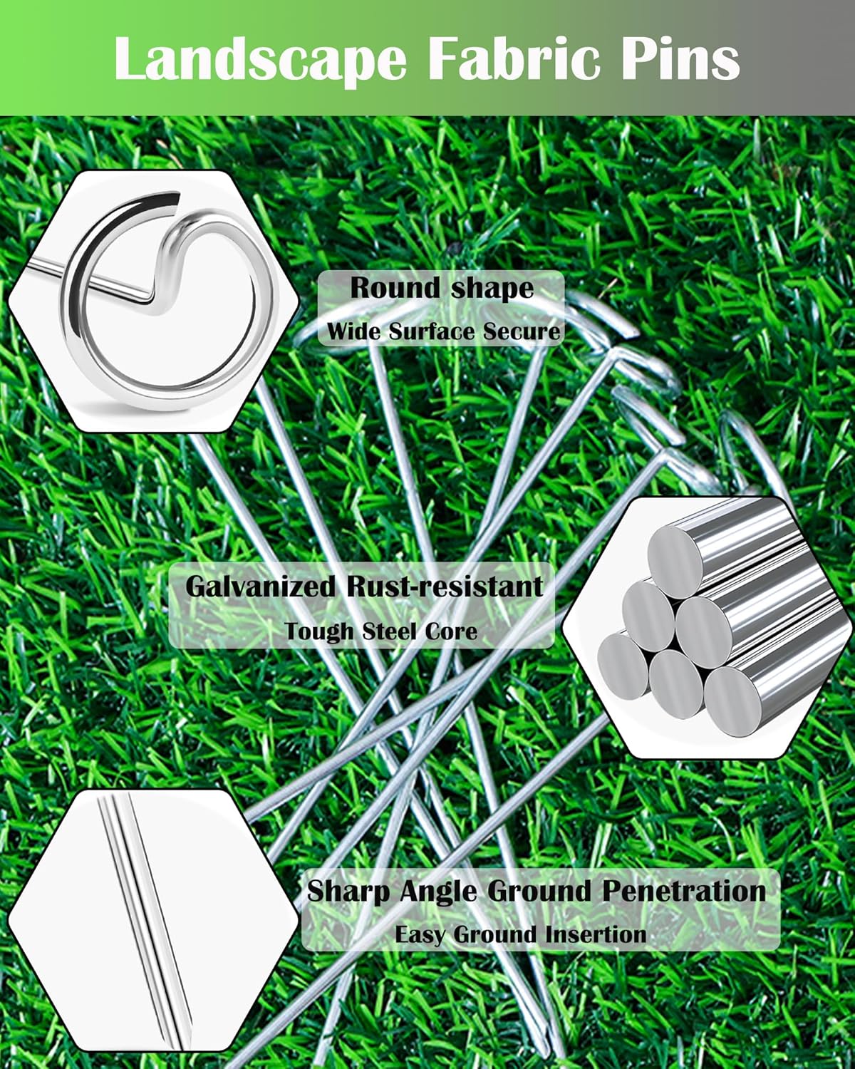 130 PCS Landscape Fabric Pins + Pick Hook, 6-Inch Galvanized Circle Top Landscape Staples - Steel Weed Barrier Stake, Grip Than U-Shape Yard Staples, Garden Stakes for Plant Cover, Lawn, Fence, Ground