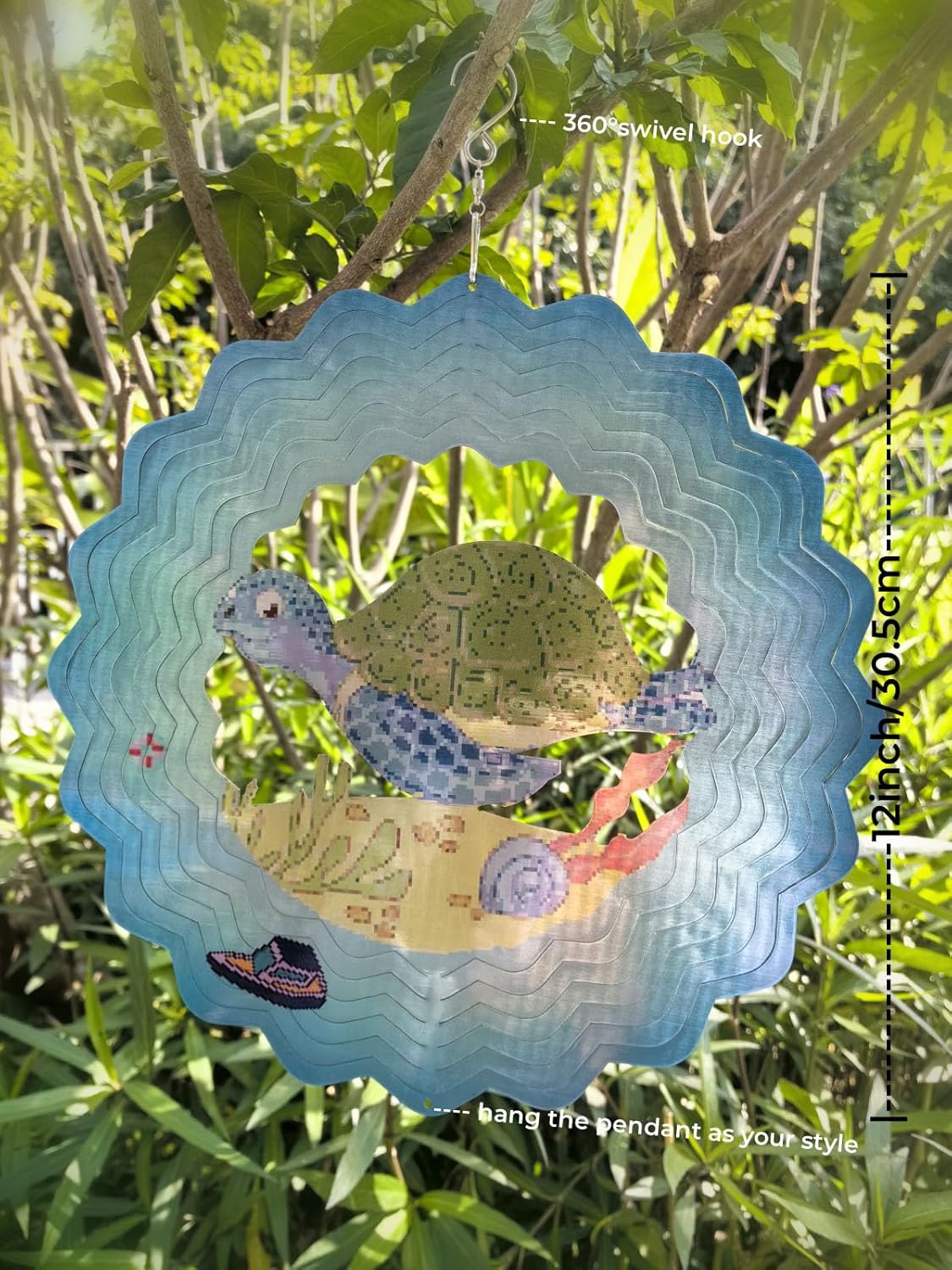 Pixelart Sea Turtle Wind Spinner 3D Hanging Wind Spinner Sea Turtle Ornament Gifts Metal Wind Kinetic Sculpture for Outdoor&Indoor Decor, Yard Art, Garden Decoration (12''-1pc, Pixart Sea Turtle)