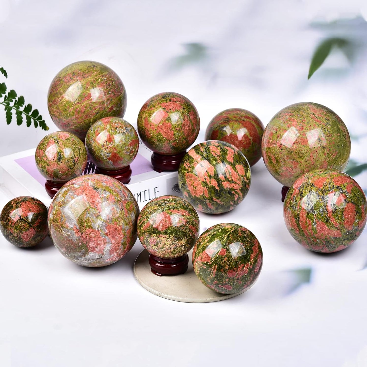 JIC Gem Natural Unakite Crystal Sphere Rock Quartz Crystal Ball with Wood Stand Healing Meditation Energy Decoation Ball (70-80mm)