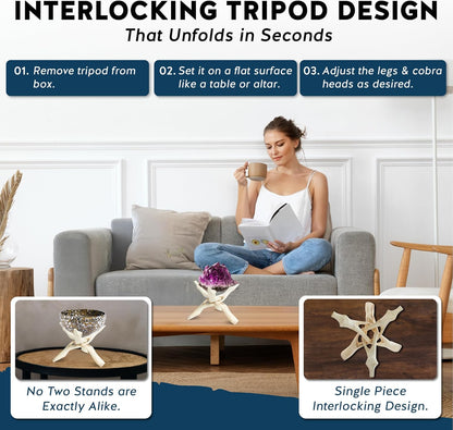 Alternative Imagination 8” Natural Wooden Tripod Stand - Home Decor Holder for Abalone Shell, Crystal Ball, Trinket Dish, Jewelry Dish, Key Bowl, Geode, and More