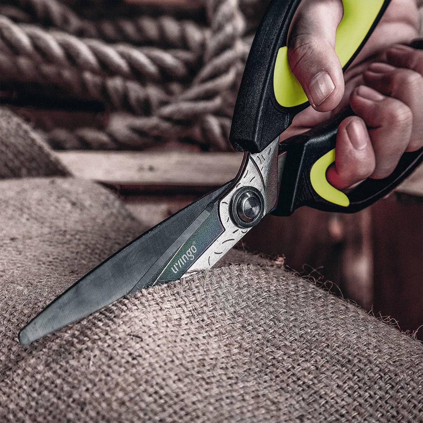 LIVINGO Heavy Duty Industrial Scissors: 10" Utility Stainless Steel Sharp Scissors all Purpose Premium Titanium Coating Forged Shop Shears for Household Pruning, Gardening, Construction, Green/Black