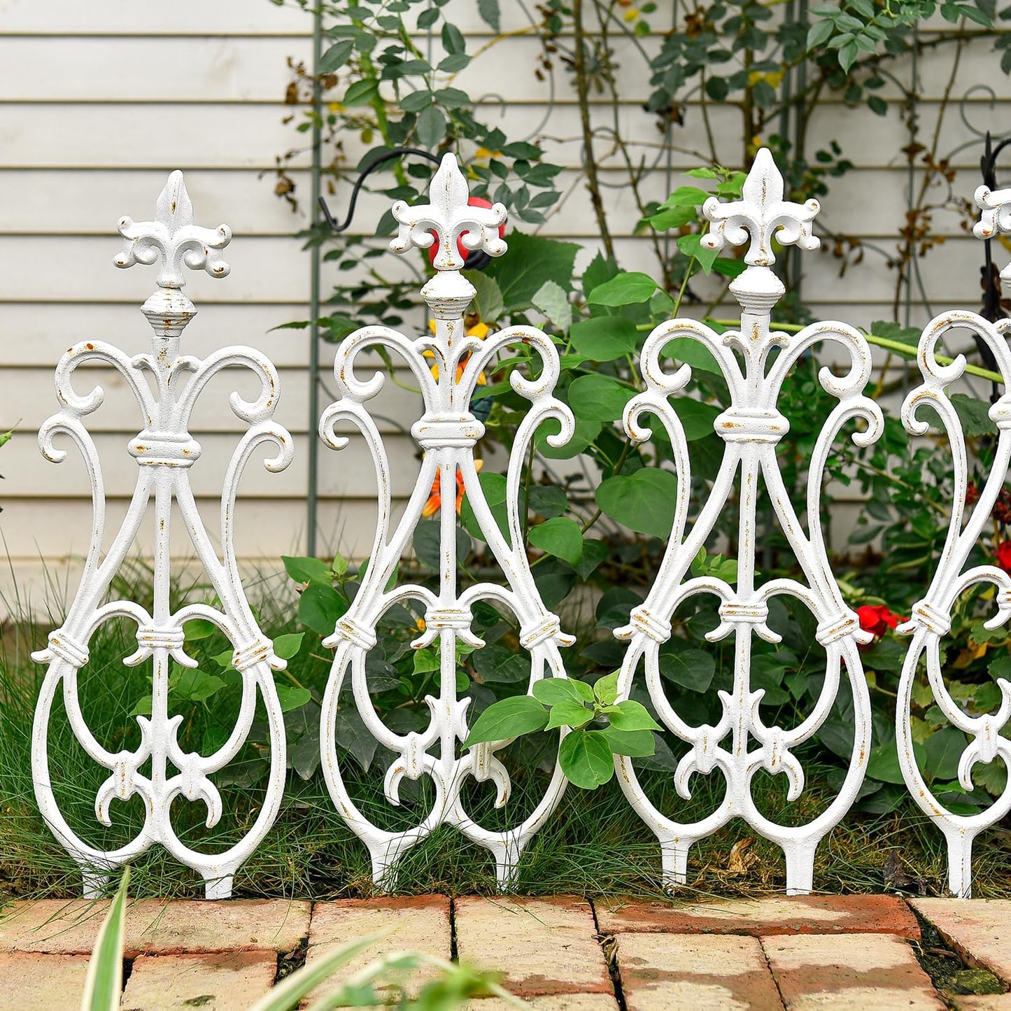 Sungmor Decorative Cast Iron Flower Bed Fence, 28" Tall Vintage Garden Edging Border, 4 Pack Heavy Duty Landscape Picket Fence Panels, Outdoor Plant Support Garden Stake, Victorian Yard Lawn Decor