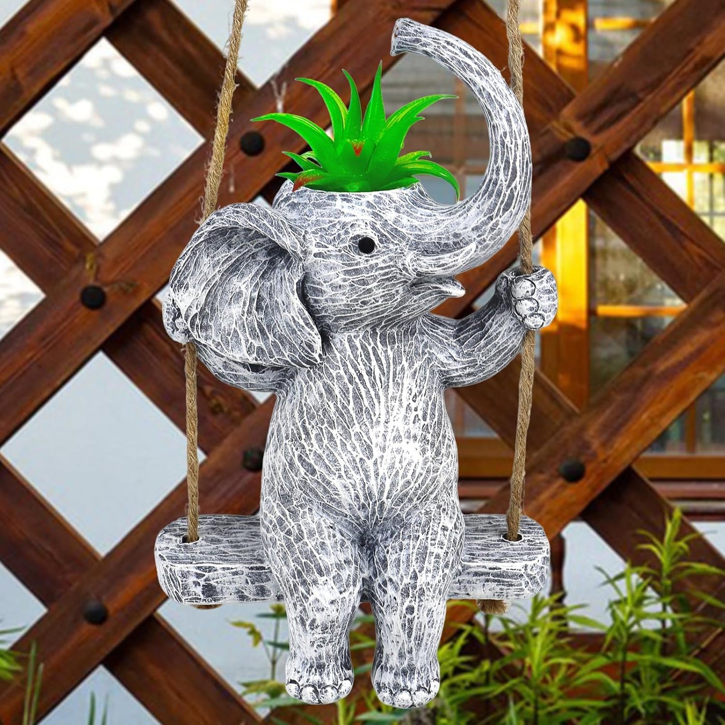Elephant Gifts for Women Cute Succulent Pots for Outdoor Plants Funny Plant Pot Garden Pot Swing Hanging Planter Elephant Sit Swing Statue with Drainage Hole