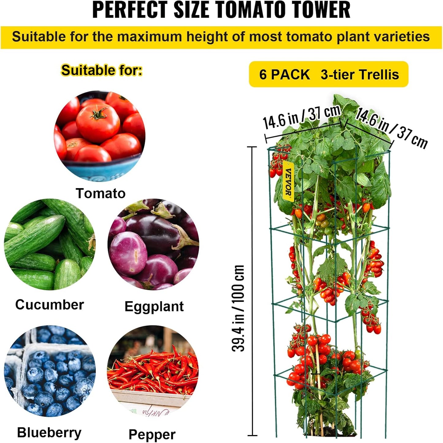 VEVOR Tomato Cages, 14.6" x 14.6" x 39.4", 6 Packs Square Plant Support Cages, Green PVC-Coated Steel Tomato Towers for Climbing Vegetables, Plants, Flowers, Fruits