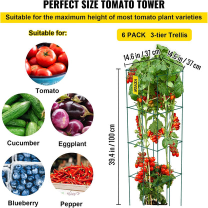 VEVOR Tomato Cages, 14.6" x 14.6" x 39.4", 6 Packs Square Plant Support Cages, Green PVC-Coated Steel Tomato Towers for Climbing Vegetables, Plants, Flowers, Fruits