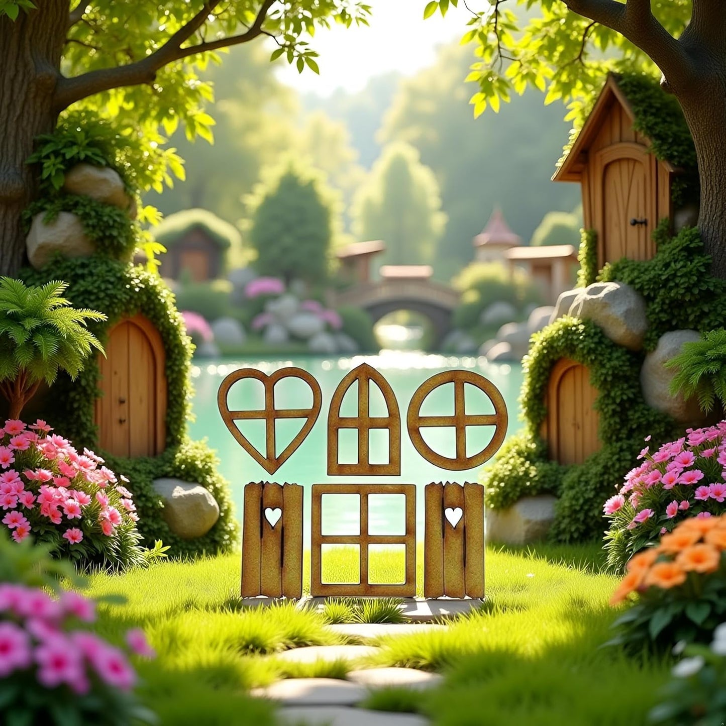 6Pcs Brown Wooden Fairy Garden Door, Blank Door Fairy House Doors and Windows Ornaments Tree Statues for Tree Trunk Yard Decoration, Miniature Gardens Buildings , Garden Sculptures and Statues