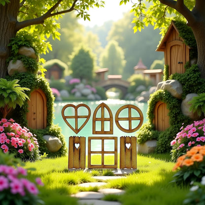 6Pcs Brown Wooden Fairy Garden Door, Blank Door Fairy House Doors and Windows Ornaments Tree Statues for Tree Trunk Yard Decoration, Miniature Gardens Buildings , Garden Sculptures and Statues