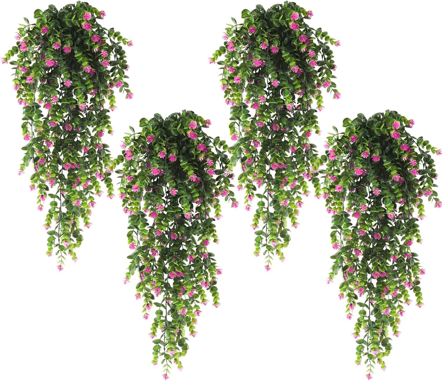 RECUTMS 4Pcs Fake Eucalyptus Leaves with Flowers Plastic Ivy Greenery Leaf Artificial Hanging Plants for Home Garden Wall Bedroom Office Wedding Decor Fuchsia