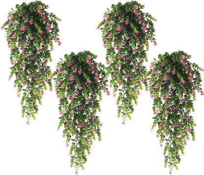 RECUTMS 4Pcs Fake Eucalyptus Leaves with Flowers Plastic Ivy Greenery Leaf Artificial Hanging Plants for Home Garden Wall Bedroom Office Wedding Decor Fuchsia
