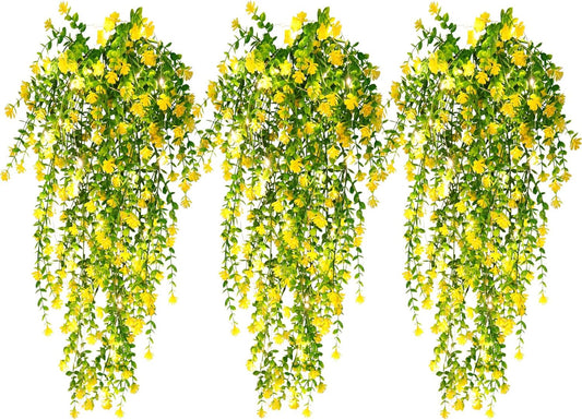 RECUTMS Outdoor Fake Hanging Plants,Hanging Plant Vine with Lights,Faux Eucalyptus Leafs Greenery Vine Plant Faux Plants Fake Plants Greenery for Jungle Theme Party Wedding Decoration(Yellow)