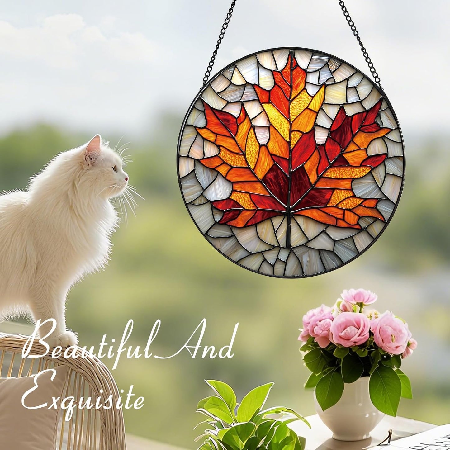 Rustic Autumn Maple Leaves Suncatcher -7.9 in Stained Glass Window Hanging Sun Catcher Garden Decor