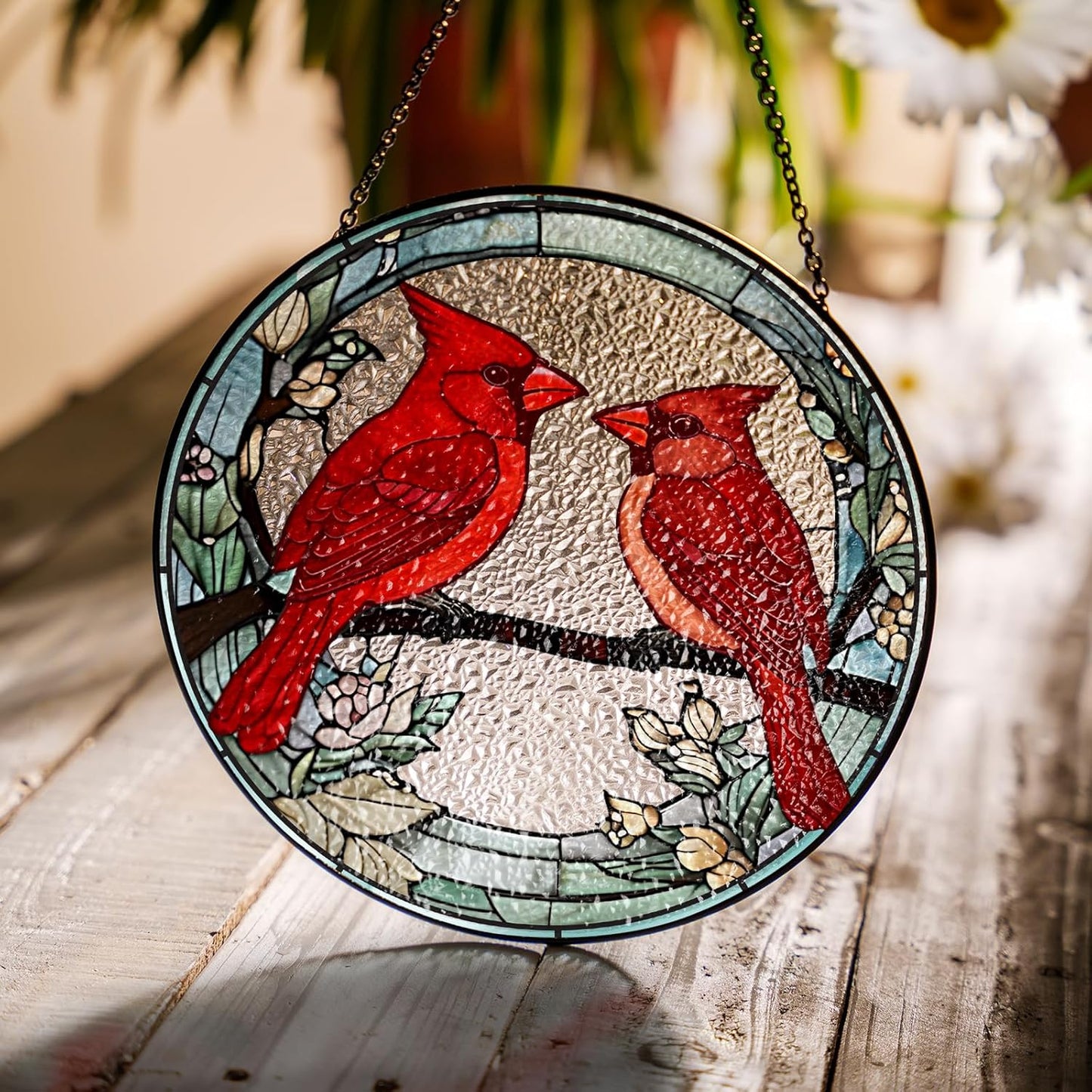 Cardinal Birds Stained Glass Suncatchers Art Glass Birds and Flowers for Sun Catcher Indoor Window Gifts for Pet Animal Nature Floral Lovers Women Grandma Mom Friend Painted Panel Décor