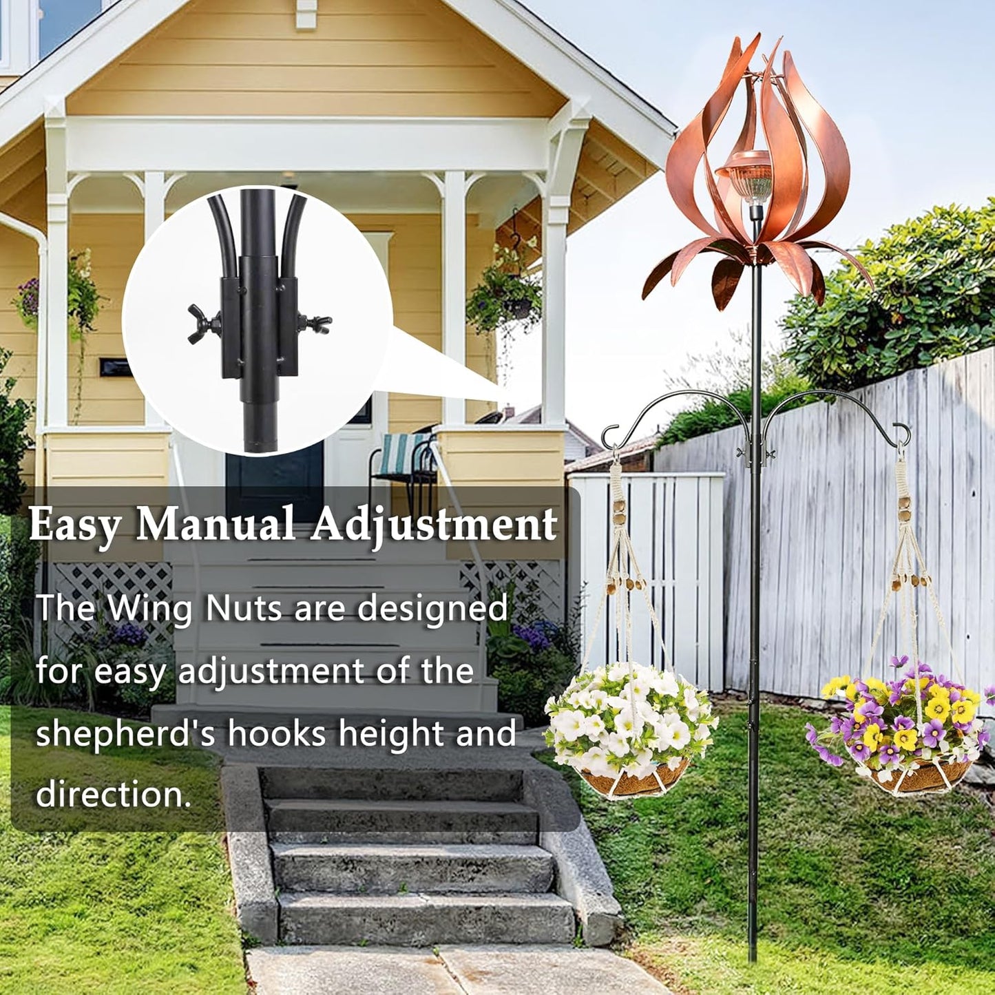 Solar Wind Spinner Outdoor Metal 83 Inch Windmill for Yard Garden Patio Decor Metal Yard Art Garden Art Easter Outdoor Decors Large Landscape Light with Shepherd Hooks Coconut Baskets