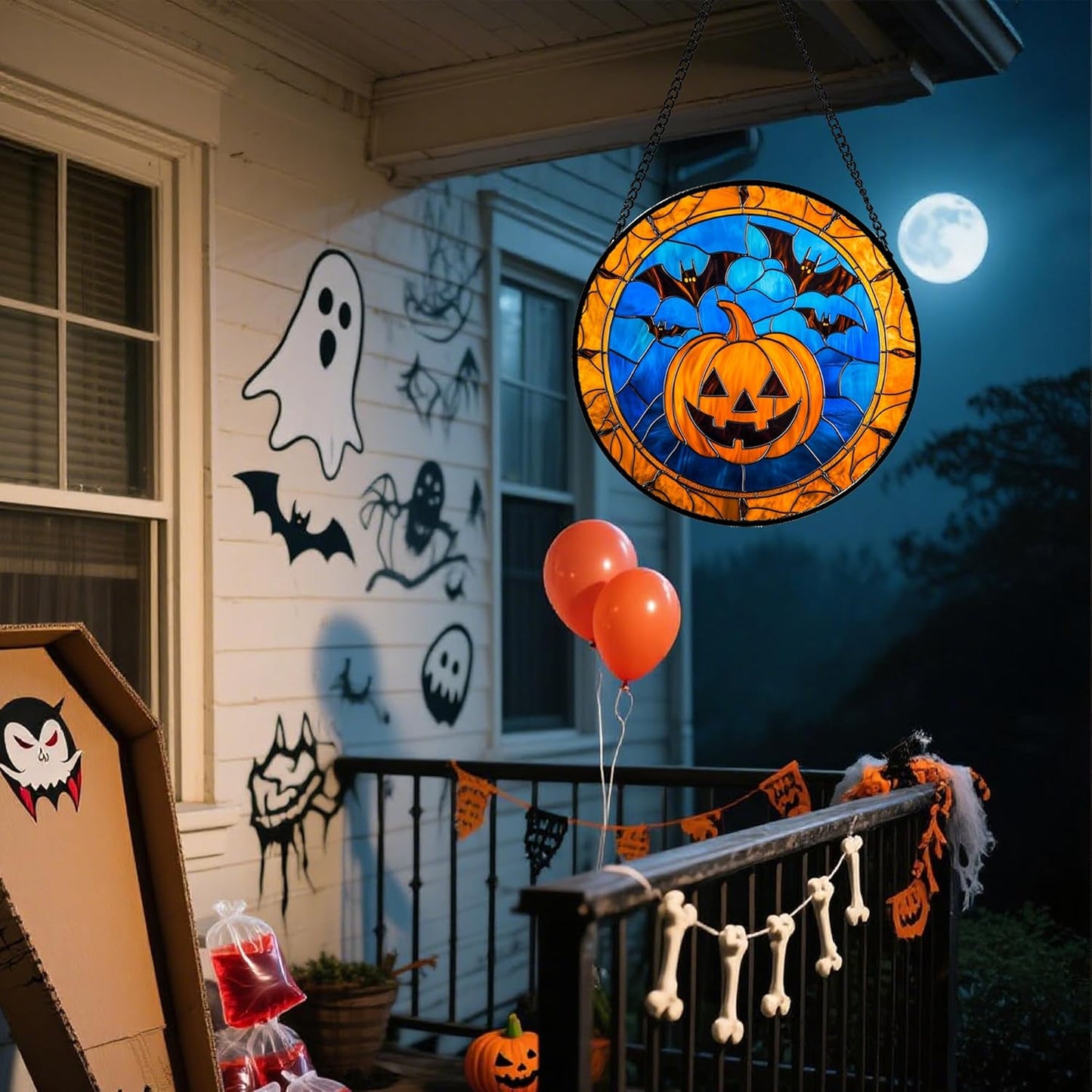 Stained Glass Window Hanging - Halloween Evil Pumpkin Suncatcher for Doors Window Garden Indoor Spooky Brown Bat Sun Catchers Gothic Decor Horror Gifts for Women Men Friend Boy Girl 15 in