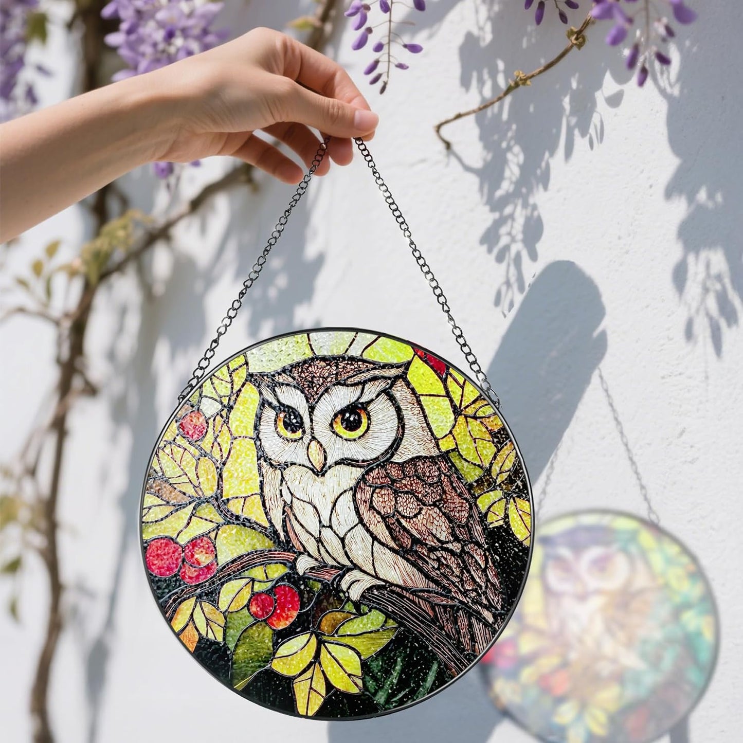 Stained Glass Window Hanging, 8 Inch Owl Suncatcher Stained Glass Ornament, Suncatchers for Windows Hanging, Sun Catchers Indoor Window, Owl Gifts, Gifts for Bird Lovers, Mom Gift