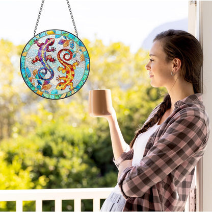 Stained Glass Window Hanging - Gecko Sun Catchers Colorful Glass Panel Suncatcher Indoor Decor Window, Housewarming Birthday Gifts for Women, Wife, and Mom - 6.3 inch