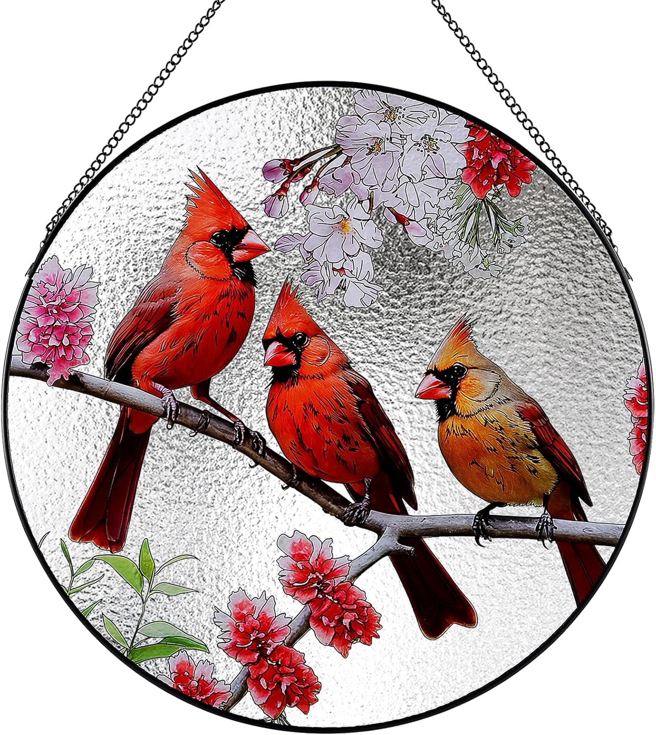 Large Cardinal Stained Glass Suncatcher,Stained Glass Decor with Metal Chain,Butterfly Suncatcher for Window Hanging (Cardinal_03)