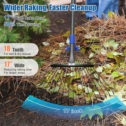 Rake for Leaves: Adjustable Metal Leaf Rake for Lawn, 8-17" Expandable Head,75” Long Handle,Collapsible Heavy Duty Women Kids Garden Rakes for Yard Pine Needles Mulch Grass Debris Gardening Camping