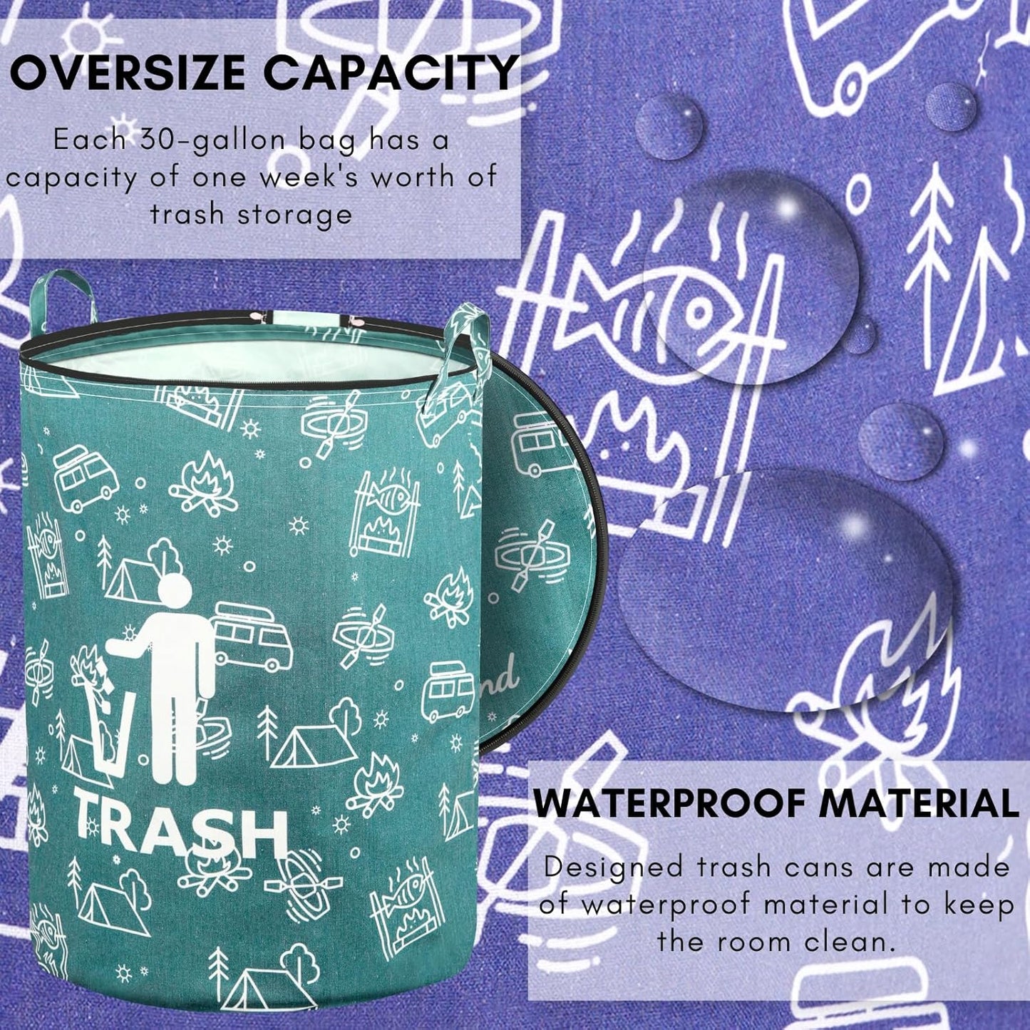2 Pcs 30 Gallon Collapsible Trash Can Portable Waterproof Reusable with Zippered Lid for RV's, Camping, Recycling, Yard Waste, Leaf Bag, Children Toy Bin (Trash and Recycling)