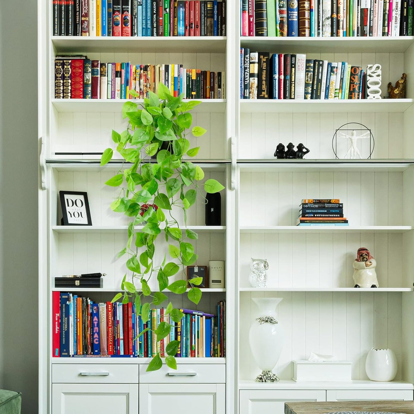 LOYWREE Small Fake Hanging Plant Artificial Potted Plants for Indoor Outdoor Aesthetic - 39in Realistic Faux Hanging Pothos with Ivy Vine for Shelf Decor in Home Office Gardens Greenery (Black Pot)
