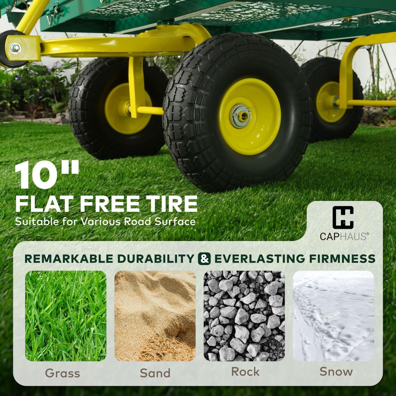 CAPHAUS Metal Black Garden Cart, w/ 180° Adjustable Yellow Handle, w/Mat and Strap, Heavy Duty 880 lbs Capacity, w/ 10” Flat-Free Tires, Sides Removable, Utility Wagon, Lawn Cart, for Garden, Yard