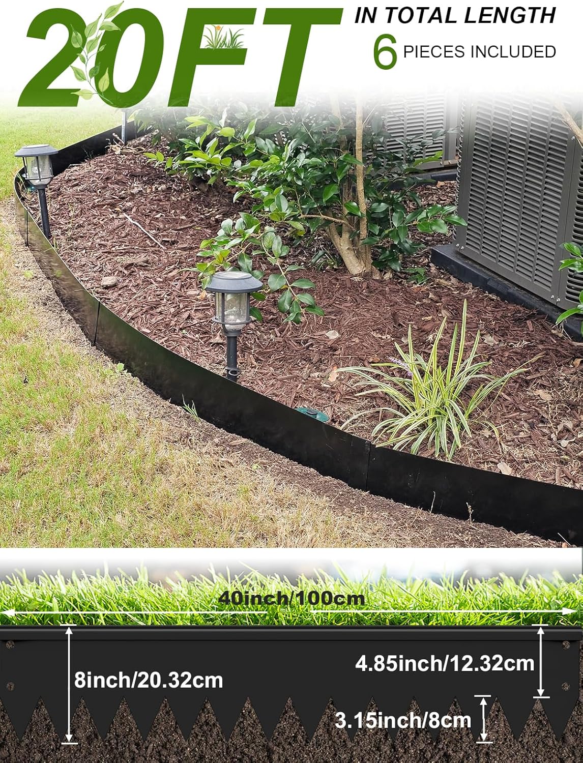 Landscape Edging Border, 40" L x 8" H 6Pack 20FT Total Black Galvanized Steel Garden Edging with Spikes, Sturdy Elegant Metal Lawn Broder for Flower Beds, Pathways, Paver Edges and Yard