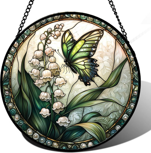 Stained Glass Window Hanging, Lily of The Valley Flower Butterfly Suncatcher for Doors Home Sun