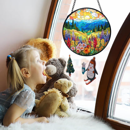 TNUW Flower Stained Glass Window Hanging, Cottagecore Sunset Colorful Wildflower Landscape Sun Catchers Indoor Window Glass Round Wall Art Decor, Floral Wall Hanging Decorations, 7.9＂x7.9＂