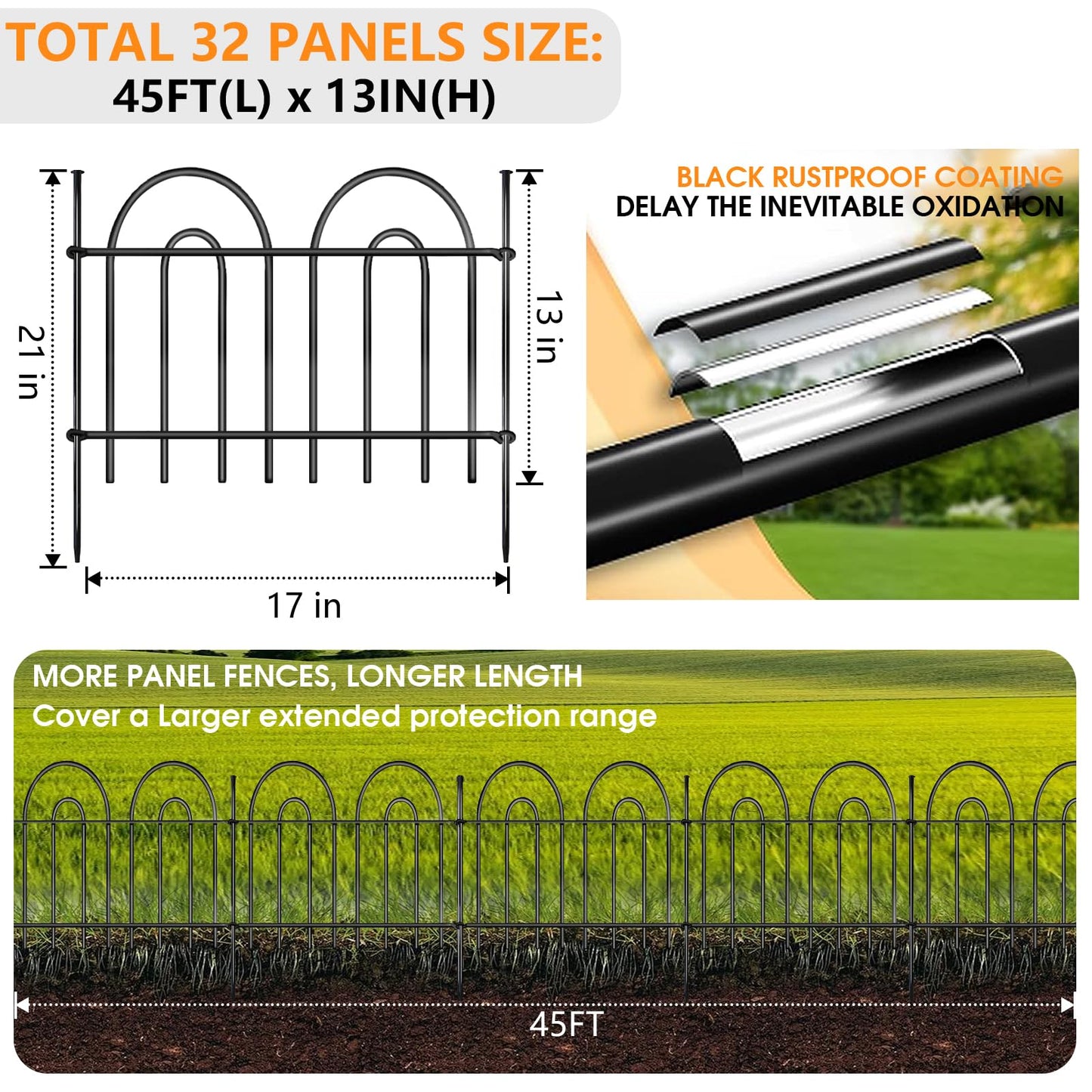 45ft X 13in Animal Barrier Fence, 32 Panels No Dig Fence for Dogs Rabbit, Anti Digging Defense