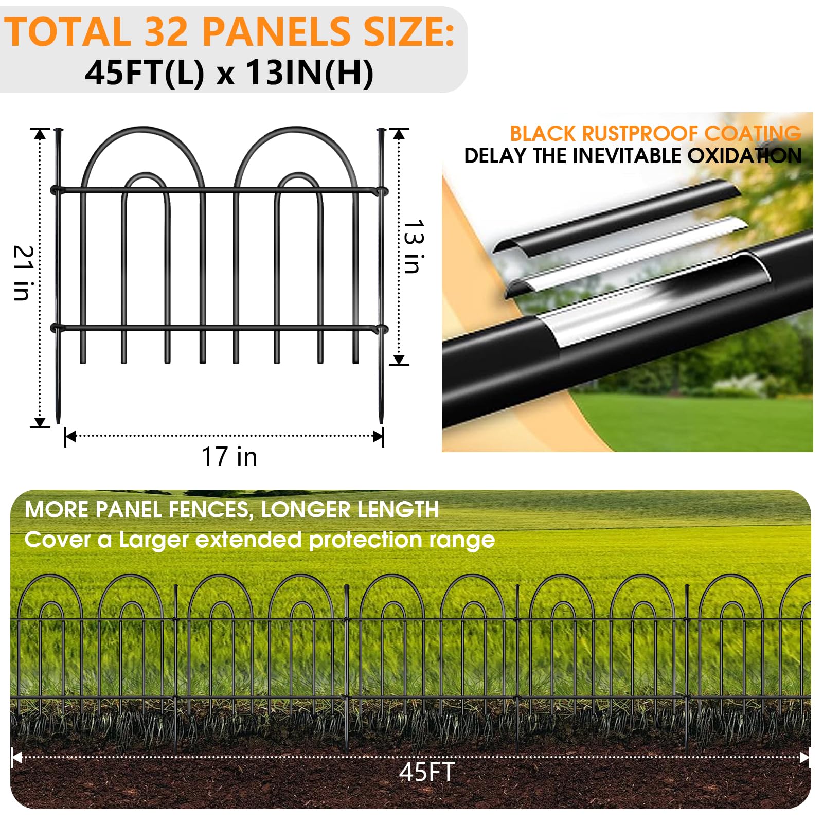 45ft X 13in Animal Barrier Fence, 32 Panels No Dig Fence for Dogs Rabbit, Anti Digging Defense