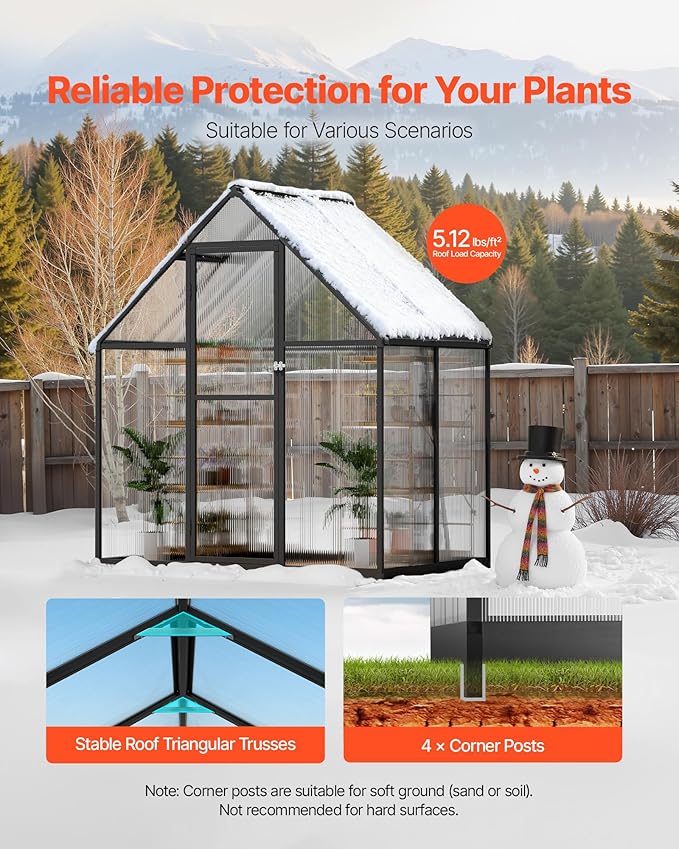 VEVOR 6 x 4 FT Polycarbonate Greenhouse, Heavy Duty Outdoor Green House with Adjustable Vent & Push-Pull Lockable Door, Quick Setup, Aluminum Frame Walk-in Greenhouse Sunroom for Outside Garden Lawn