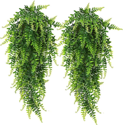 RECUTMS Hanging Artificial Plants 4Pcs UV Resistant Fake Boston Fern Realistic Faux Greenery Plastic Ivy Vines for Wall Home Room Garden Wedding Party Garland Outside Decoration(Green)