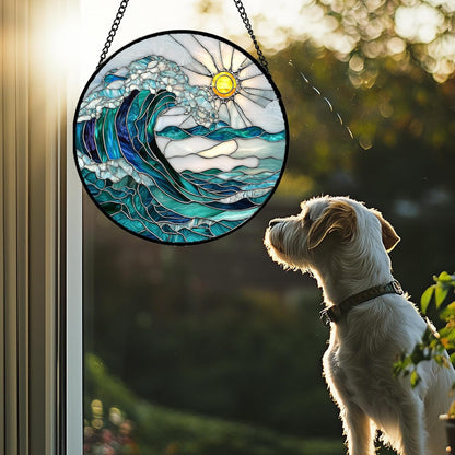 Stained Glass Window Hanging - Blue Green Waves Suncatcher for Door Terrace Garden Home Decor Sunrise Over The Sea Sun Catcher Birthday Gifts for Lovers Women Men Dad Mom Nana7.8 in