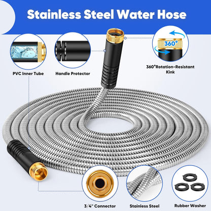 Garden Hose 100 ft, Stainless Steel Metal Water Hose with Adjustable 10-Mode Spray Nozzle, Lightweight Hose, No Kink, Leak-proof, Puncture Resistant for Yard, Outhood, RV