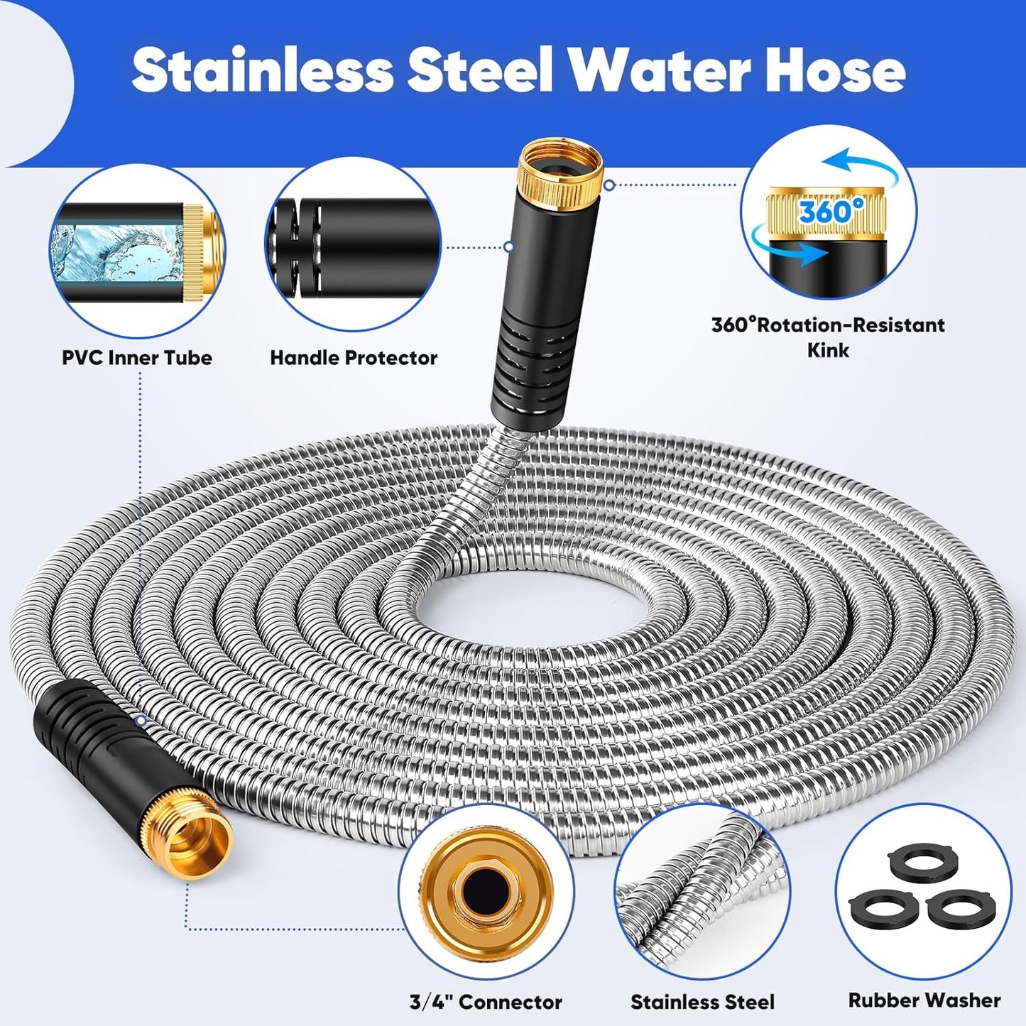 Garden Hose 75 ft, Stainless Steel Metal Water Hose with Adjustable 10-Mode Spray Nozzle, Lightweight Hose, No Kink, Leak-proof, Puncture Resistant for Yard, Outhood, RV