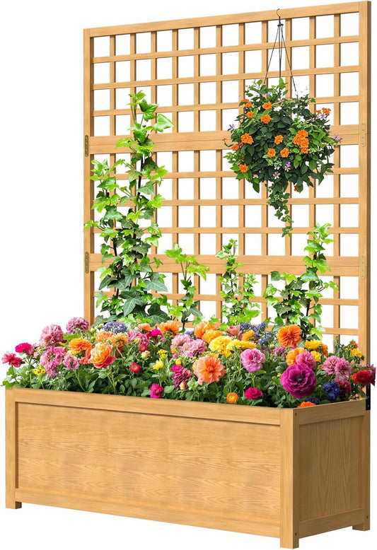 SUNYRISY Raised Garden Bed with Trellis, Wooden Vertical Planter Box with Privacy Screen Outdoor for Climbing Plant Vine Flowers Vegetables, Planter with Hanging Roof and Drainage Holes
