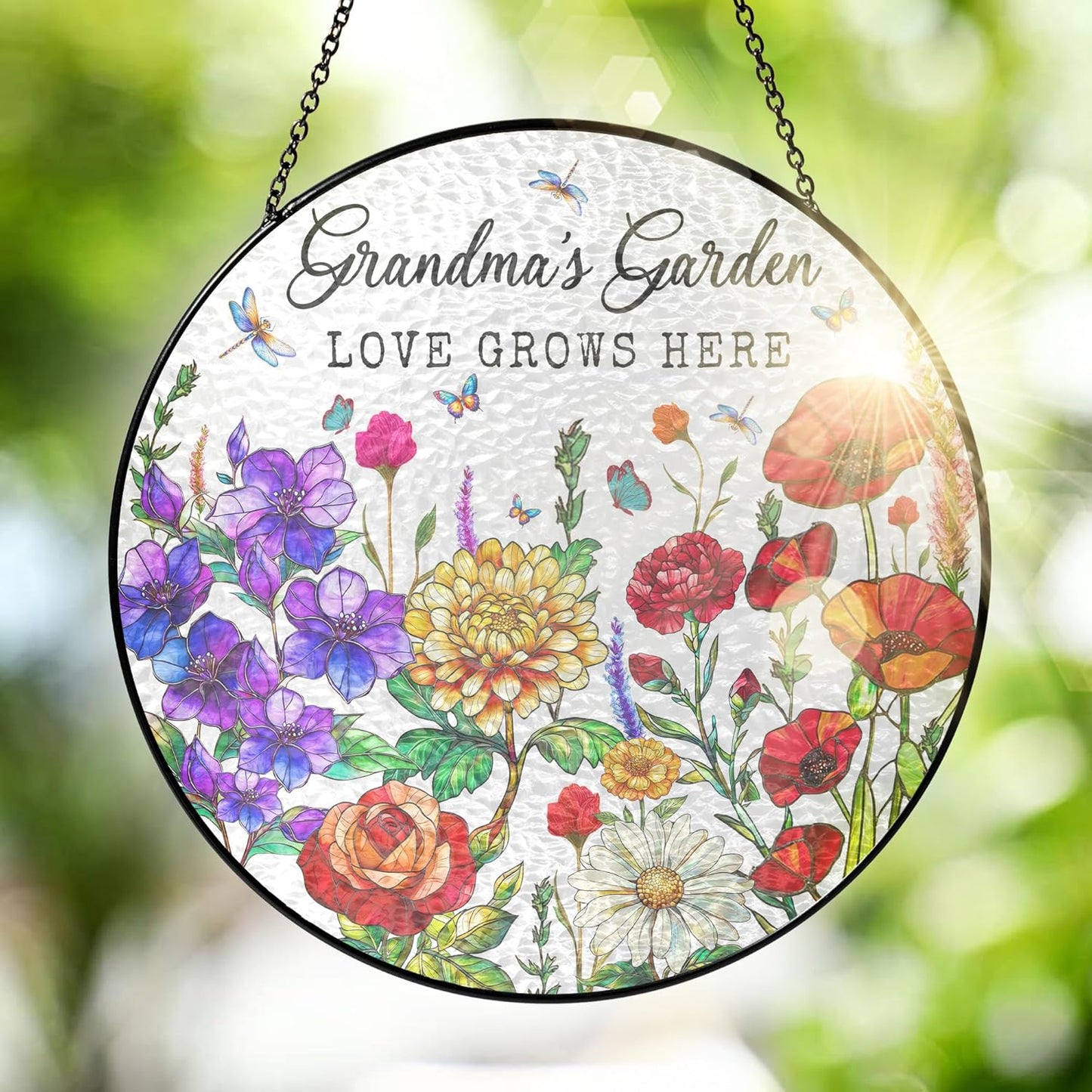 FLAGWIX Christmas Grandma Gifts - Grandmas Garden Stained Glass Window Hanging with Base 8 in - Christmas Decorations Nana Gigi Gifts for Grandma, Sun Catchers Indoor Window for Home Garden Decor