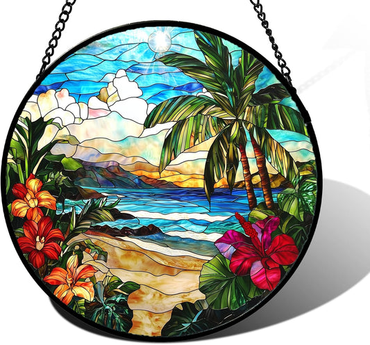 Stained Glass Window Hanging, Blue Beach Scenery Suncatcher Diamond Glass Panel Hangings Sun