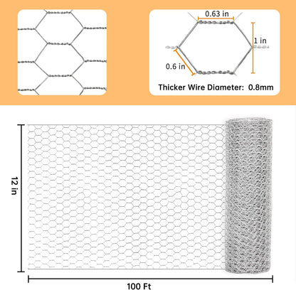 Sliver Chicken Wire 12 inch(H) x 100 ft(L), Anti-Rust Hexagonal Galvanized Metal Garden Netting for Floral Arrangements, Powder Coated Chicken Wire Coop for Crafts Plant Protector Pet Rabbits Fencing