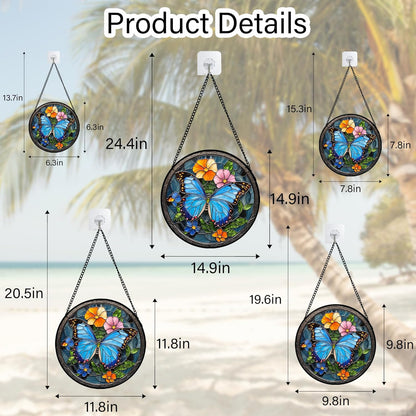 Stained Glass Window Hanging, Blue Butterfly Flower Suncatcher for Doors Home Sun Catchers Decoration and Christmas, Mother's Day Birthday Gifts for Women, Men, and Mom 11.8 in