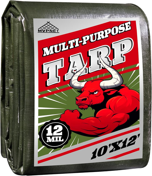 Green/Silver Heavy Duty Waterproof Tarp 10x12FT, 12mil Thick，Multifunctional tarp Whit Tear&Fade